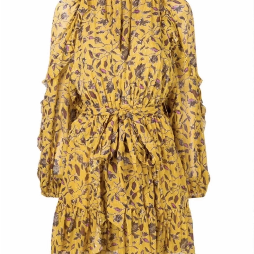 Ulla Johnson Maita Yellow Floral Ruffle Long Sleeve Silk Mini Dress - Size 2. - Picture 5 of 9